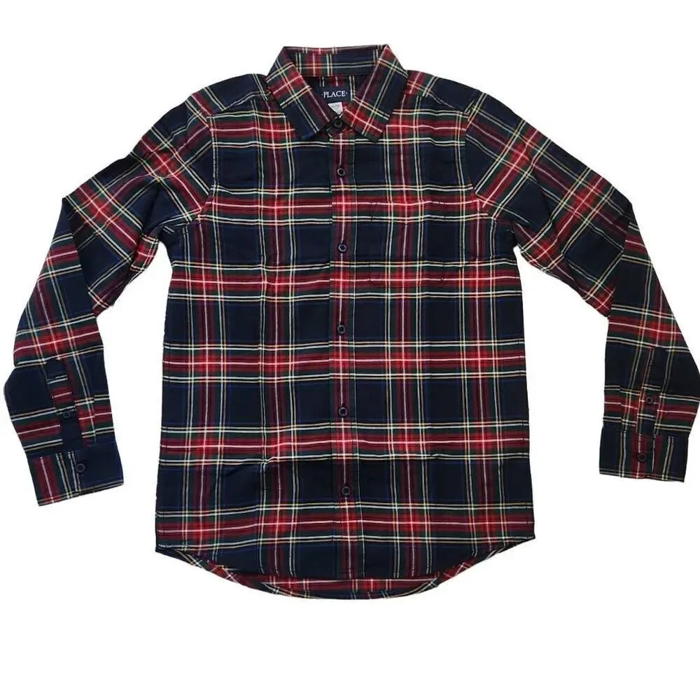 The Children's Place Boys Size 10/12 Red Blue Plain Long Sleeve Button Down Shir